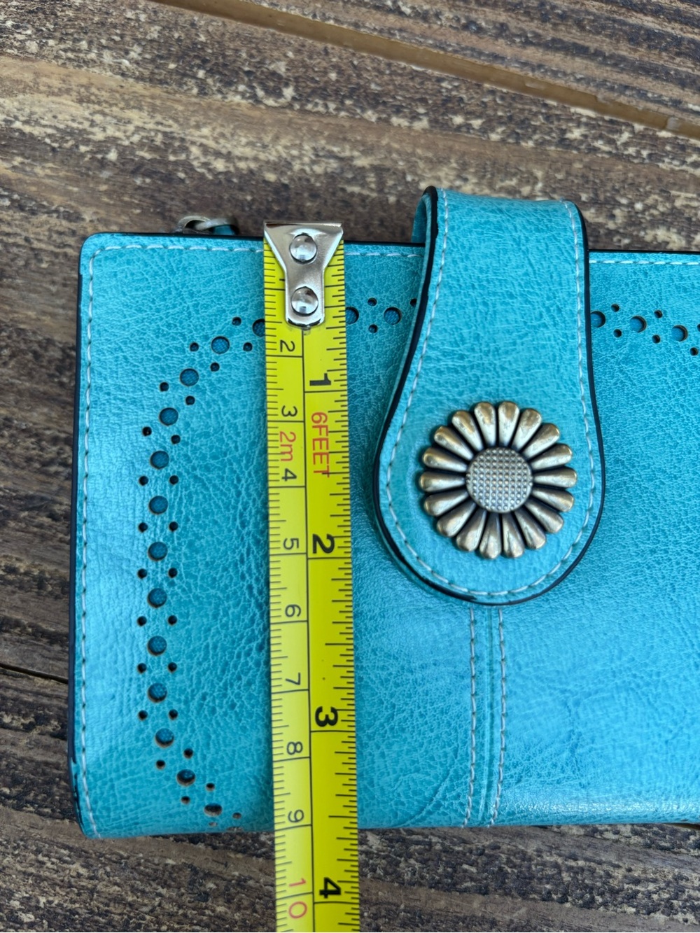 Women’s Teal Card Wallet with Flower Snap - Picture 7 of 7
